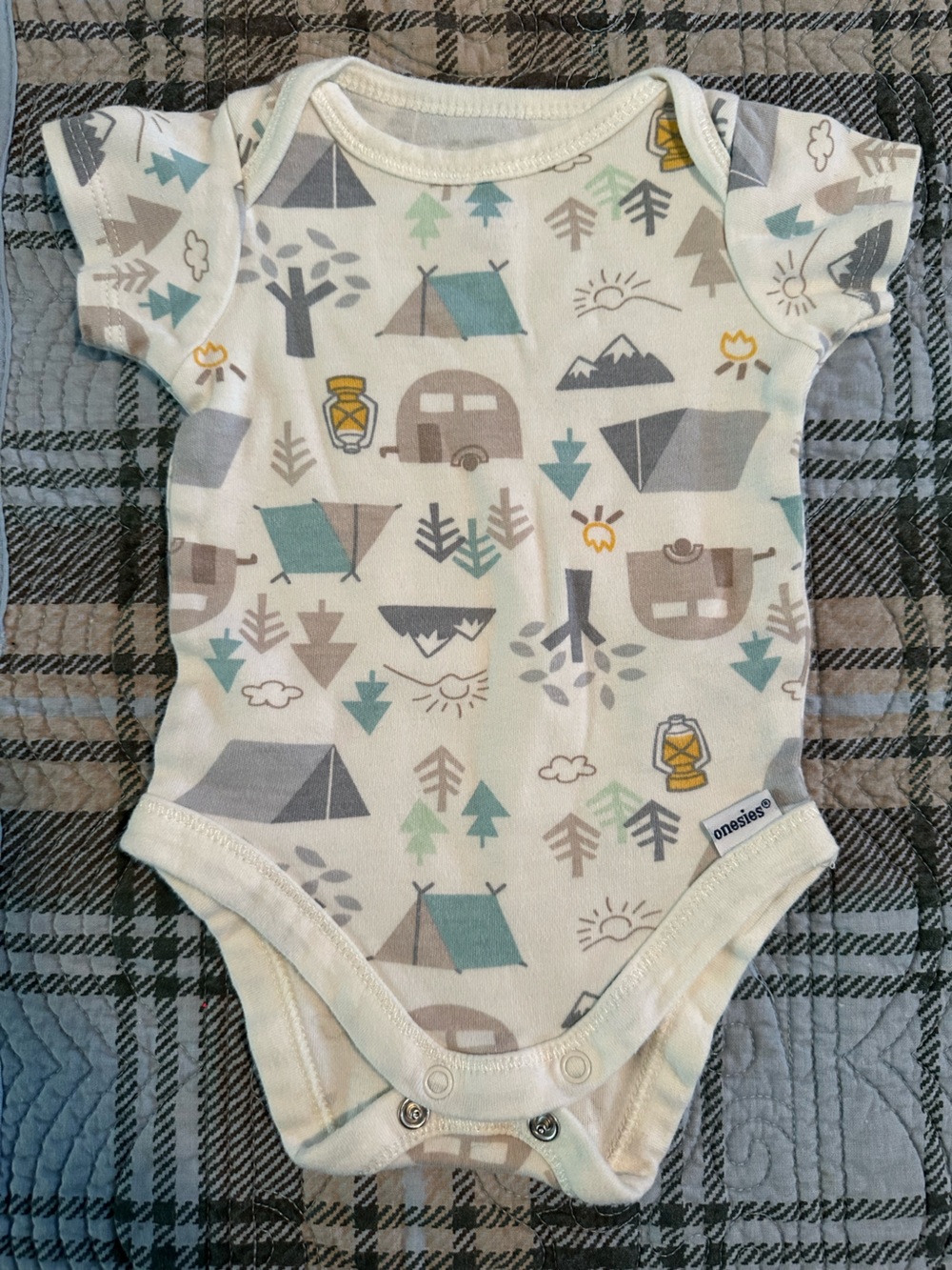 Gerber Neutral Camping Print Bodysuit with Teal and Gray Accents